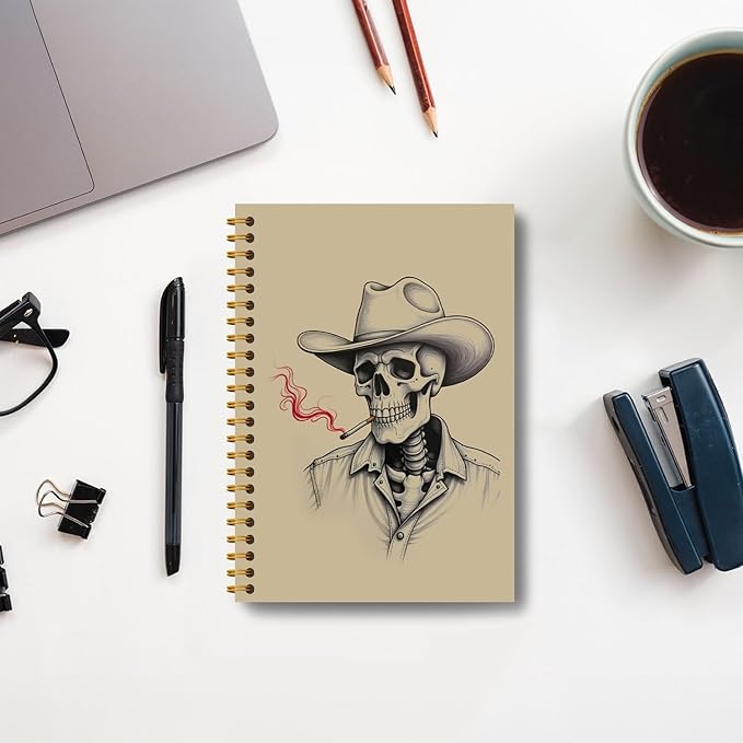 Vintage Skeleton Cowboy Western Notebook, Funny Gothic Skeleton Journal, Vintage Goth Journal, Gothic Office Supplies, Western Cowboy Skull Hardcover Spiral Notebooks 5.5x8.3 Inch