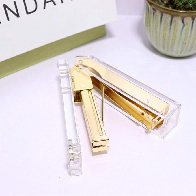 Stapler and Tape Dispenser Kit Acrylic Desk Organize Accessories Scissors Clear Tape Dispenser Gold Stapler Office Supplies