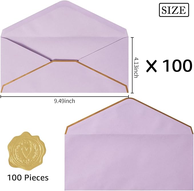 100 Pack #10 Business Envelopes with Gold Border, Self Seal Standard Envelopes with Gold Stickers for Office, Checks, Letter Mailing, Invoices, 4 1/8 x 9 1/2 Inches (Light Purple)