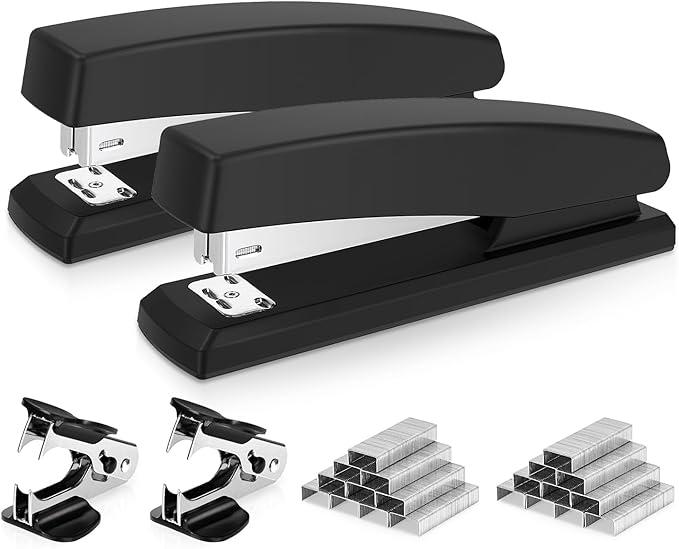 Deli Stapler, Desktop Stapler, 2 Pack, Office Staplers, 25 Sheet Capacity, Includes 2000 Staples and 2 Staple Removers, 2 Pack, Black