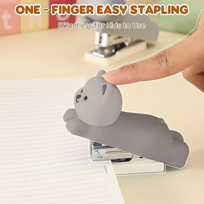 Honagu Mini Cute Animal Stapler with Staples, Cartoon Stereoscopic Silicone (PVC) Stapler, Labor-Saving Office Supplies for Students Kids (Gray Puppy)