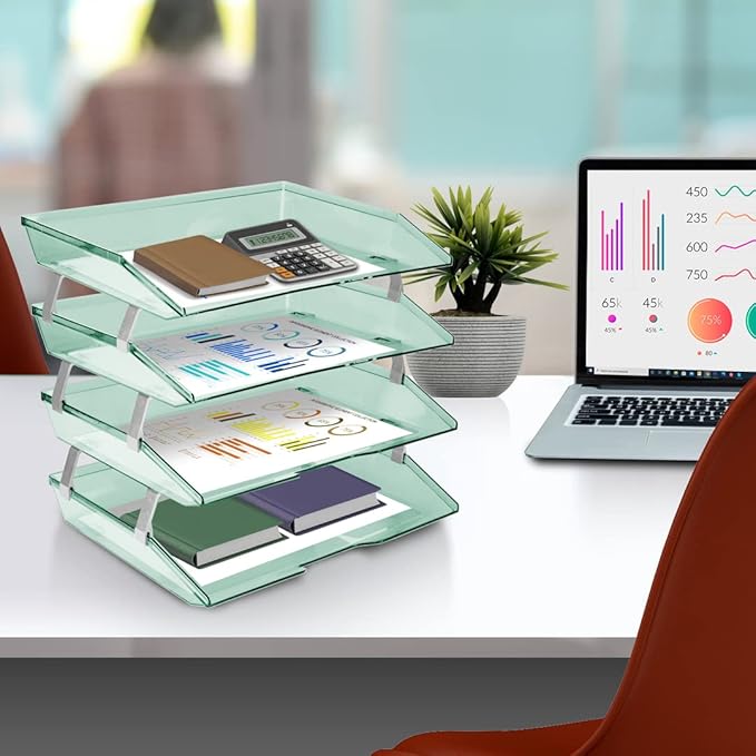 Acrimet Facility 4 Tier Letter Tray, Side Load, Letter Size/A4, Desktop File Organizer, Plastic (Clear Green)