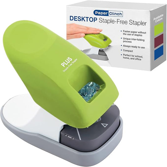 Plus Paper Clinch Desktop Staple-Free Stapler, Green