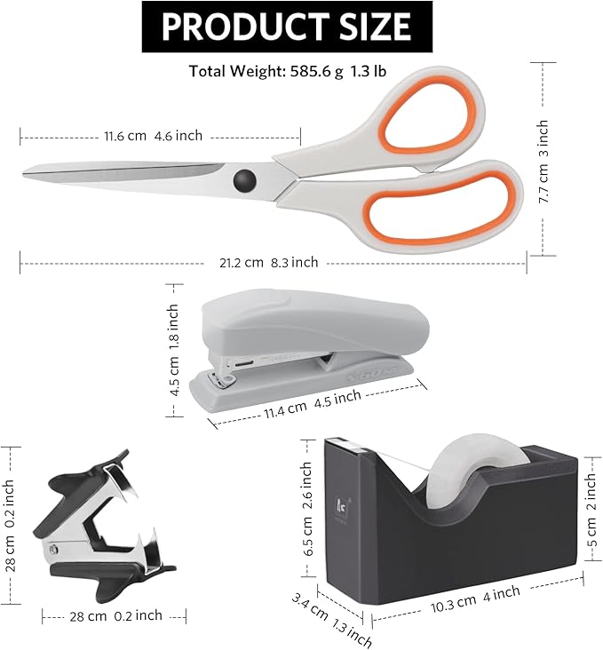 Office Supplies Kit, Desk Accessory Set, Including 2 Scissors, 1 Stapler,1000 Pieces 26/6 Staples, 1 Staple Remover, 1 Tape Dispenser and 1 Tape, Perfect Office Partners