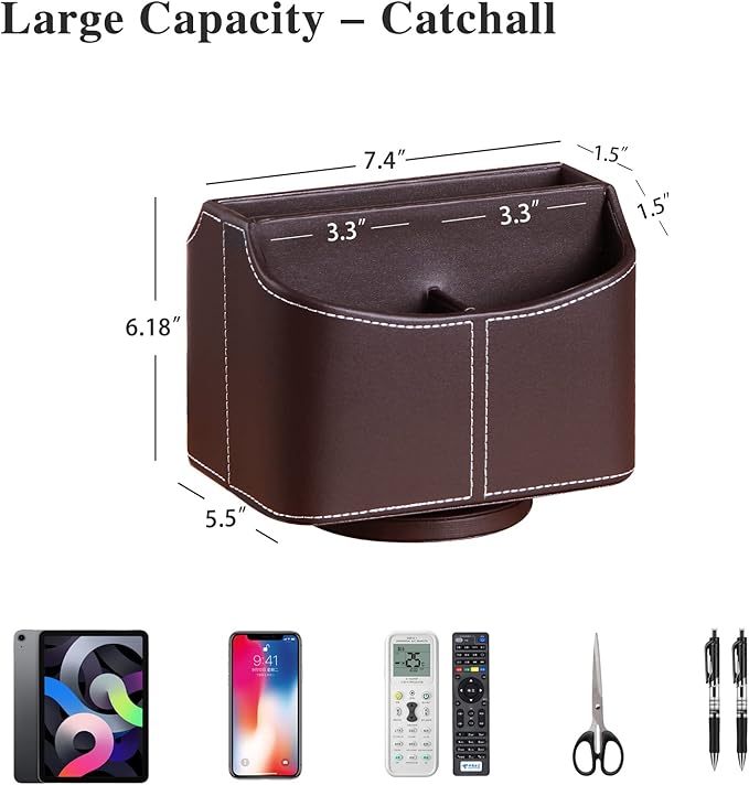 YAPISHI Leather Remote Control Holder, 360 Degree Spinning Desk TV Remote Caddy/Box, Coffee Table Organizer for Controller, Media, Calculator, Mobile Phone and Pencil Storage