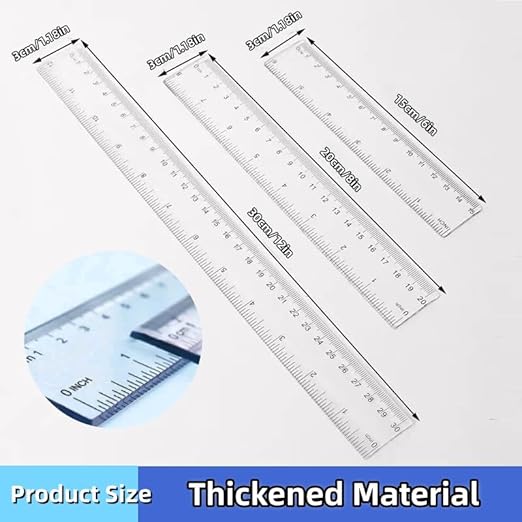 3 Pack Transparent Plastic Ruler, 6 Inch 8 Inch 12 Inch Ruler Set Straight Measuring Tools with Centimeters and Inches for School Home and Office Supply