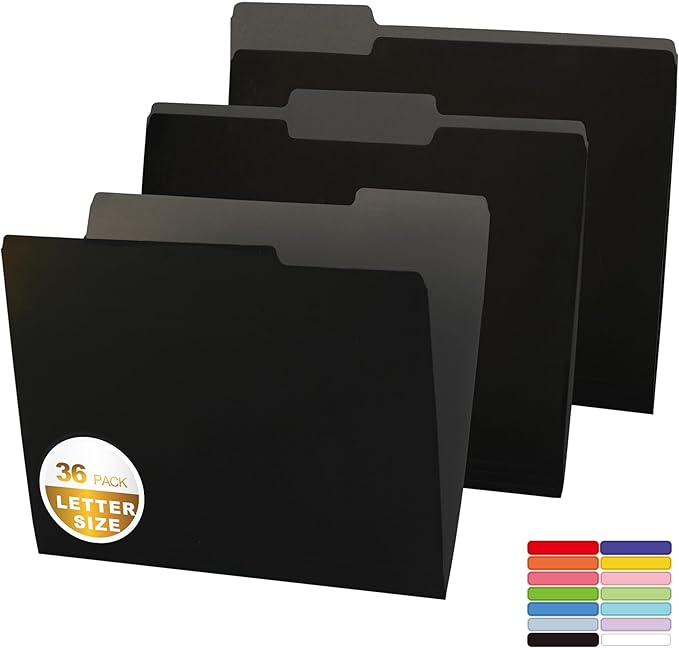 36 Packs Colored File Folders,Black File Folders,Two Tone Color File Folder 8.5 x 11 Inch,1/3 Cut Tabs Letter Size,Manila File Folders for Office,School and Home,Organization