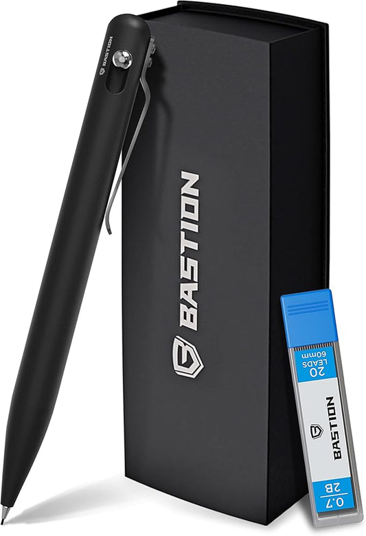 BASTION® Luxury Mechanical Pencil, Professional Lightweight Medium Point Aluminum Pencil for Birthday Gift includes 20 x 0.77mm Lead Refills - Black