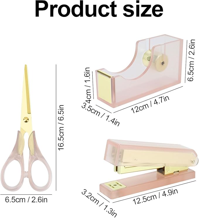 Buqoo 1-Inch Core Clear Acrylic Pink Gold Tape Dispenser Heavy Duty, Stapler with 950Pcs 24/6 26/6 Rose Gold Staples, Scissors for Stationery Desk Set School Home N Office Supplies
