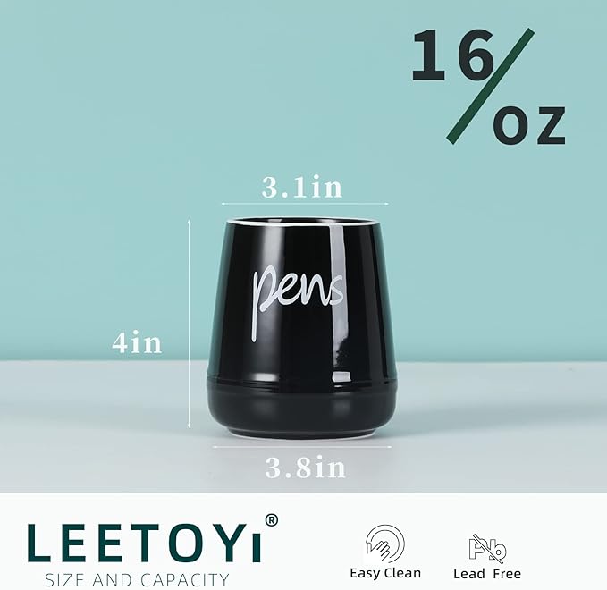 LEEOTYI Ceramic Farmhouse Pen Holder for Desk, Pencil Organizer 16 oz (Black)