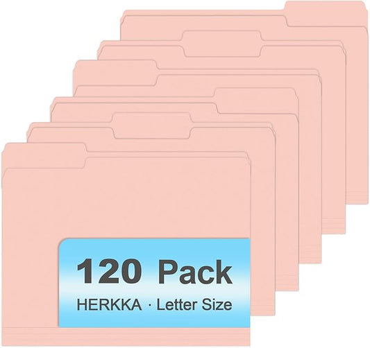File Folder, HERKKA 120 Pack 1/3 Cut Tab File Folders, File Folders Great for Organizing and Filing, Letter Size, Pink
