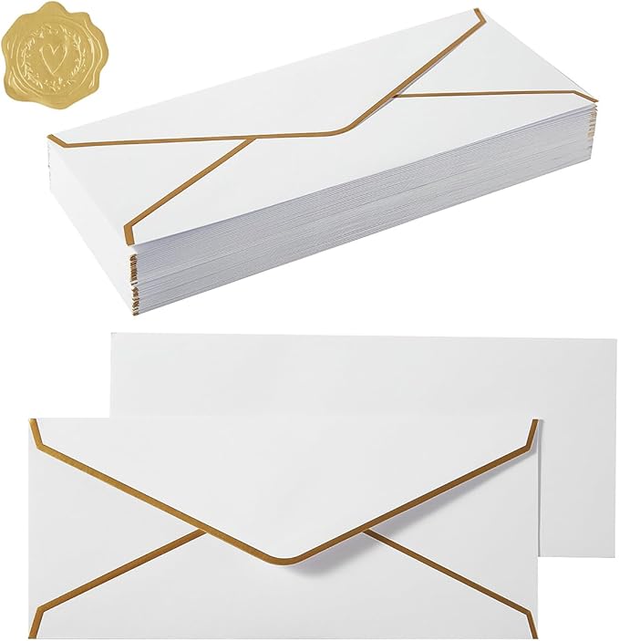 50 Pack #10 Business Envelopes with Gold Border, Self Seal Standard Envelopes with Gold Stickers for Office, Checks, Letter Mailing, Invoices, 4 1/8 x 9 1/2 Inches (White)