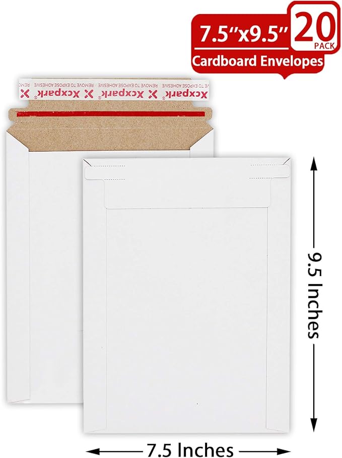 20 Pack Rigid Mailers, 7.5x9.5 inches Self Seal Photo Document Mailers Premium Cardboard Keep Flat Envelopes for Photos, Pictures, Papers, Files, CD
