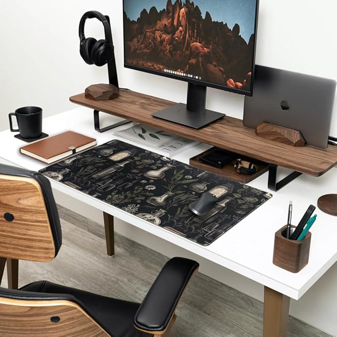 Black Aesthetic Desk Mat - Vintage Large Gaming Flower Mouse Pad XXL Plant Wildflower Mousepad Extended Laptop Computer Keyboard Mat for Women Girl Office Decor 31.5x15.8 in