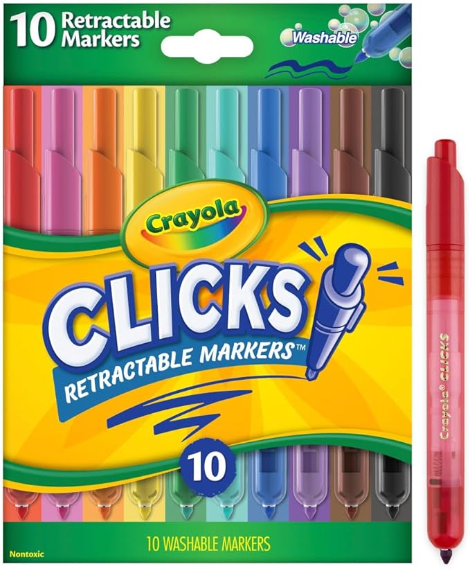 Crayola Clicks Retractable Tip Markers (10ct), Stocking Stuffers for Kids & Toddlers, Cone Tip Washable Art Marker Set, Coloring Book Supplies, No Dry, 3+