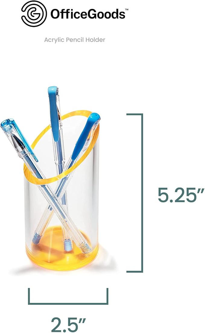 OfficeGoods Acrylic Pen & Pencil Holder - Modern Cylinder Design - Beautiful Desk Organizer for Home or Office - Contrasting Base & Rim - 5.25” H x 2.5” W - Neon Tangerine