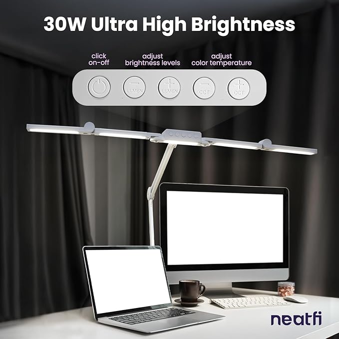 Neatfi (New Model) 3,000 Lumens LED Desk Lamp, Dimmable, 360 SMD LEDs, 30W, CRI 95, Adjustable Light Modes, Task Lamps for Home Office, Study Lamp, Desk Light Bar (CCT with Clamp, White, 44 Inches)