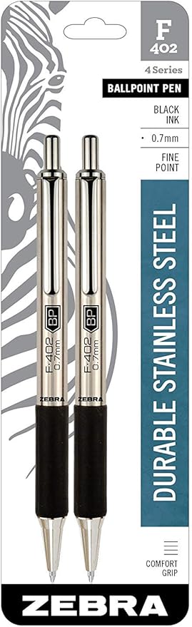 Zebra Pen G-402 Stainless Steel Retractable Gel Pen & Refills, Fine Point, 0.5mm, Black Ink, 2 Pens and 6 Refills