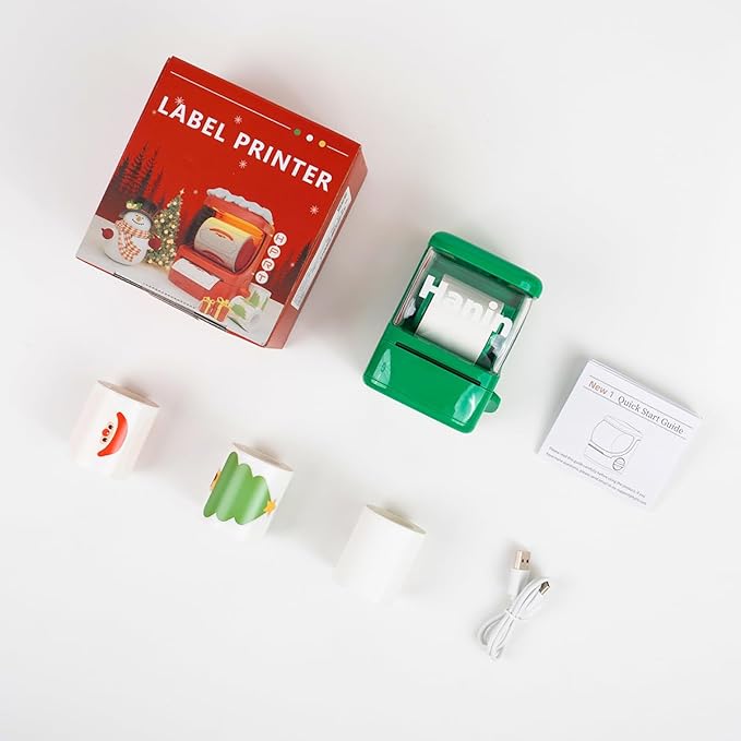 NEW1 Label Printer +4 Rolls Labels, 2 Inch Portable Inkless Bluetooth Label Maker for Small Business Home School, Automatic Label Recognition, Sticker Printer for Address Logo Barcode Clothing (Green)