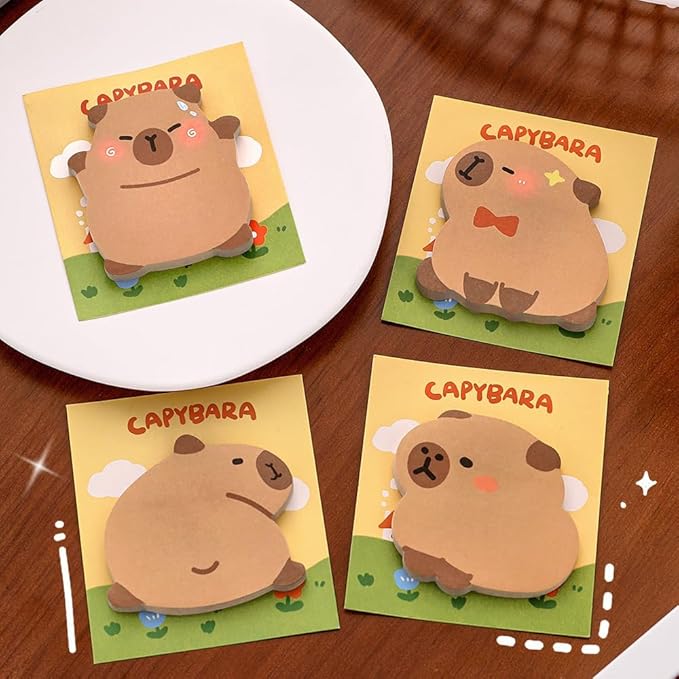 Cute Capybara Funny Sticky Notes Set 4 Shapes: Relaxed, Looking Back, Happy, Shy, 30 Sheets/Pad, Perfect for Office Home School Teacher