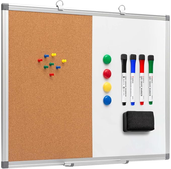 Comix Cork Board Magnetic Dry Erase Board Combo, 24 x 18 Inches Whiteboard and Bulletin Board Combination, Aluminum Frame Vision Board with 4 Dry Erase Markers, 4 Magnets, Eraser, Push Pins