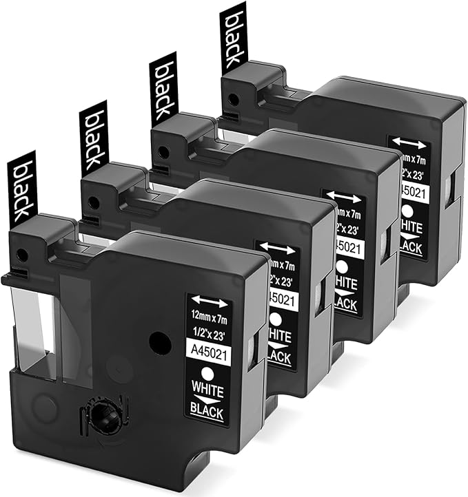 LabelKINGDOM Replace for Dymo D1 45021 White on Black Standard Label Tape Refills, 1/2 Inch W x 23 Feet L, S0720610 for LabelManager 210D 280 160 450D Label Maker (4 Pack)
