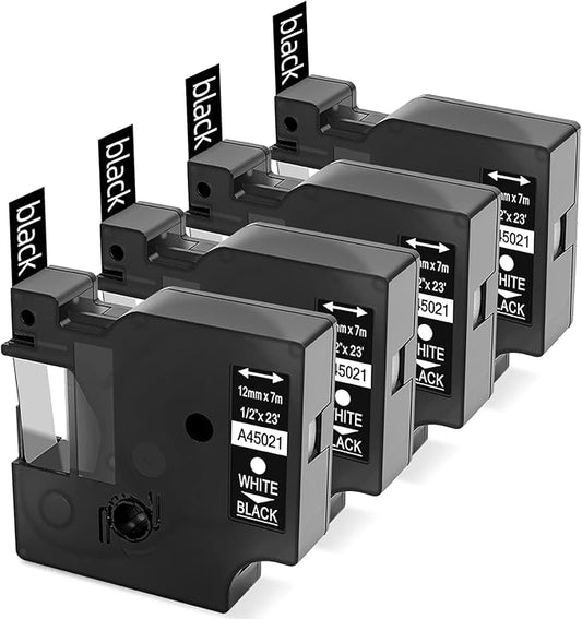 LabelKINGDOM Replace for Dymo D1 45021 White on Black Standard Label Tape Refills, 1/2 Inch W x 23 Feet L, S0720610 for LabelManager 210D 280 160 450D Label Maker (4 Pack)