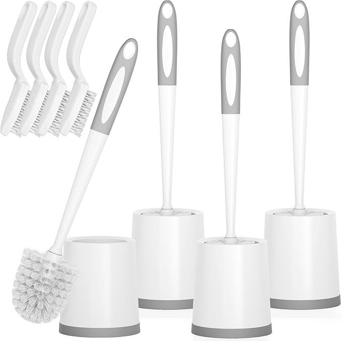 Holaloha Toilet Brush, 4 Pack Toilet Brush and Holder Set, Toilet Bowl Brush with 4 Grout Brush, Toilet Bowl Brush and Holder for Bathroom, (White)