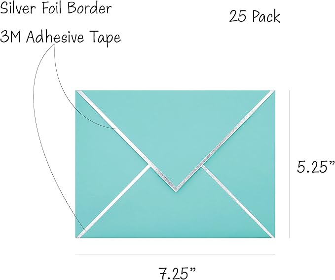 A7 Envelopes - V Flap Foil Border Luxury Mailing Envelopes for 5" x 7" Cards - for Wedding, Invitations, Baby Shower, Photos, Graduation, Birthday, Bridal Shower - 5.25" x 7.25" (Teal, 25 Pack)