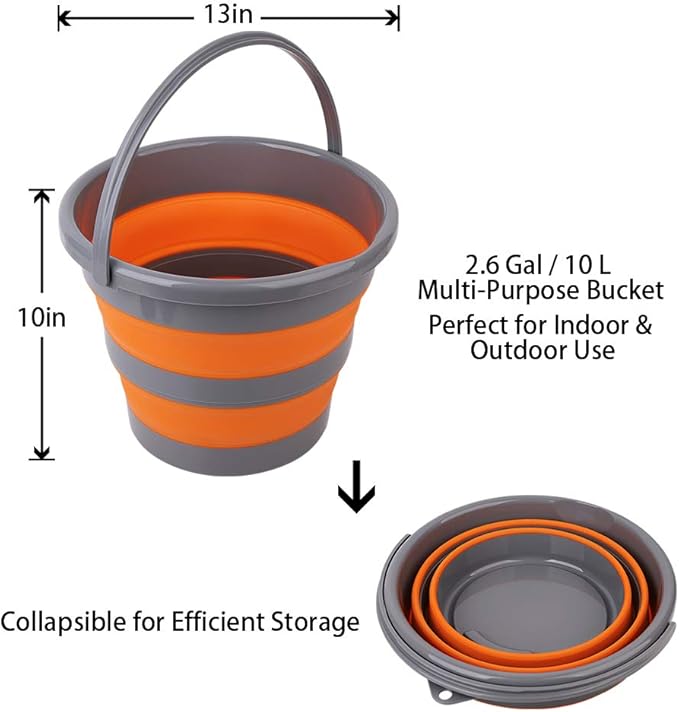 2 Pack Collapsible Plastic Bucket with 2.6 Gallon (10L) Each, Foldable Round Tub for House Cleaning, Space Saving Outdoor Waterpot for Garden or Camping, Portable Fishing Water Pail (Blue & Orange)