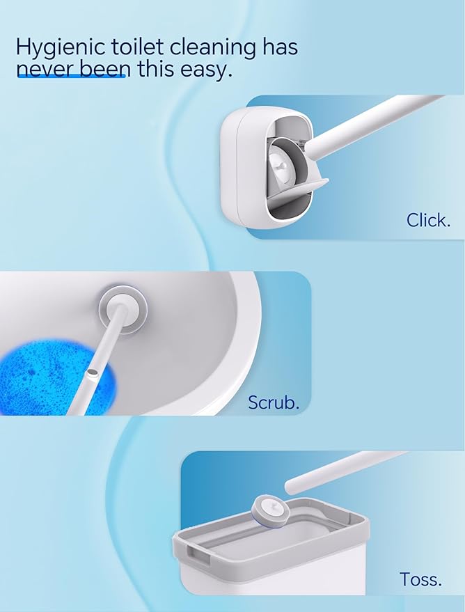 LFBEAR Disposable Toilet Brush Wand, Wall Mounted Toilet Cleaner Kit with Holder, 12 Refills Replacement Heads for Bathroom Cleaning