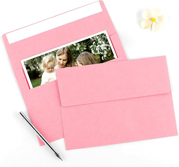 50 Pack 5x7 Envelopes, A7 Pink Envelopes Self Seal, Printable Envelopes for Invitation, Baby Shower, Birthday Party, Wedding, Postcards, Mailing, Greeting Cards