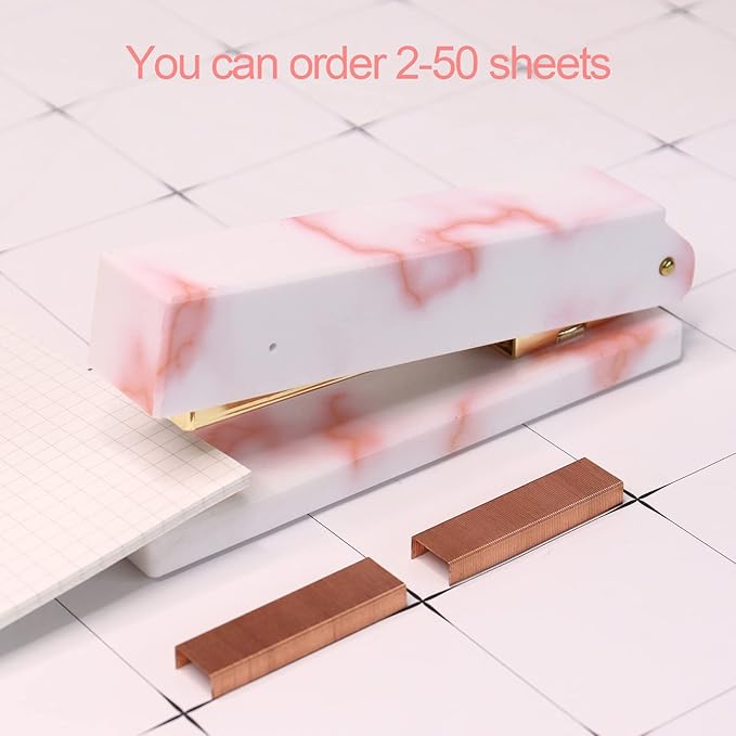 Pink Marble Desk Accessories Organizer Set of Stapler, Staple Remover, Tape Dispenser, Memo Pad Holder, Scissor, Ballpoint Pen, Binder Clips, Sticky Notes Office Supplies (Pink Marble)
