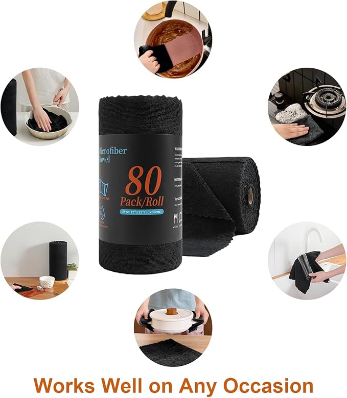 Tigona 80 Pack Microfiber Cleaning Cloth Roll,Lint Free Rags & Tear Away Reusable Towels Washable Scratch,Ultra Absorbent Dish Rags(12" x 12") for Car Kitchen Home Garage-Black
