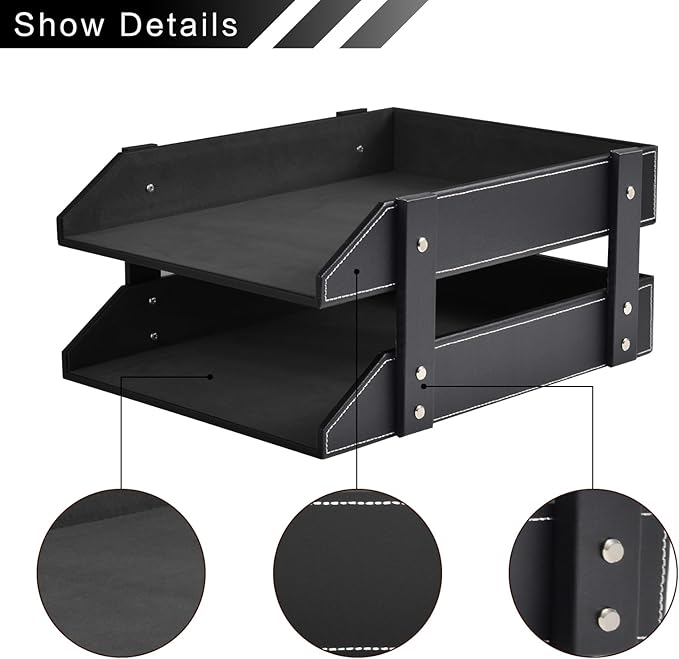 Leather Desk Organizer,2-Tier Stackable Letter Tray Holder,Office Supplies Desktop Storage Box for Document,Stationery,Magazines,Newspapers,Letters and Other Home Office Paper Sundries,Black