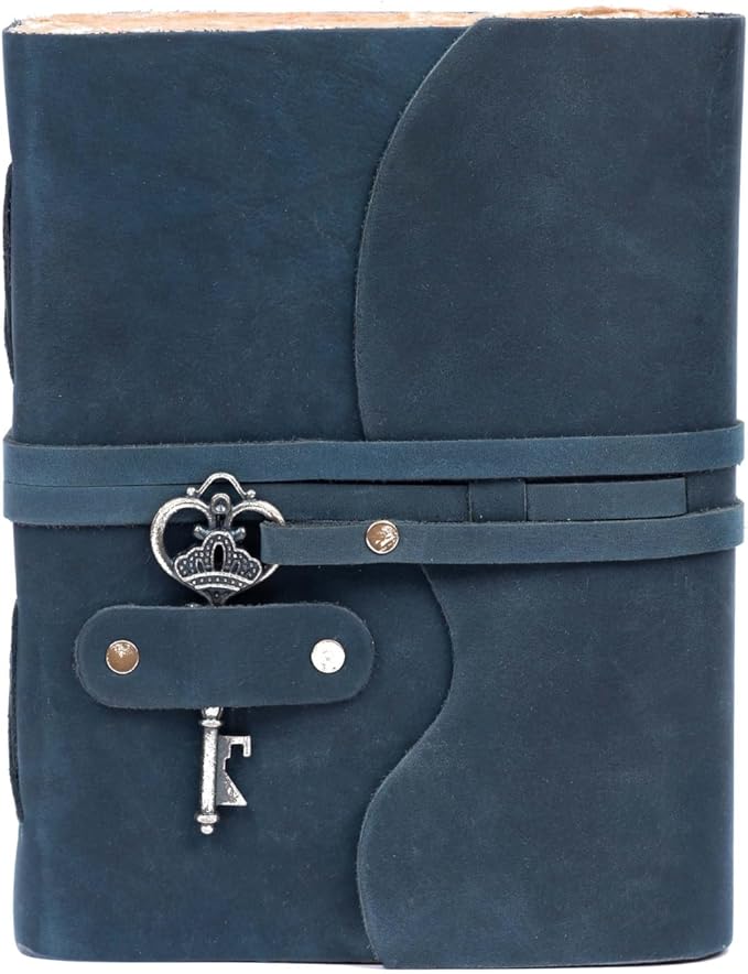 LEATHER VILLAGE Vintage Leather Journal – 200 Handmade Vintage Deckle Edge Paper – Leather bound Journal For Women Men – Vintage Key Closure - Book of Shadows - Blue - 13X8 inches