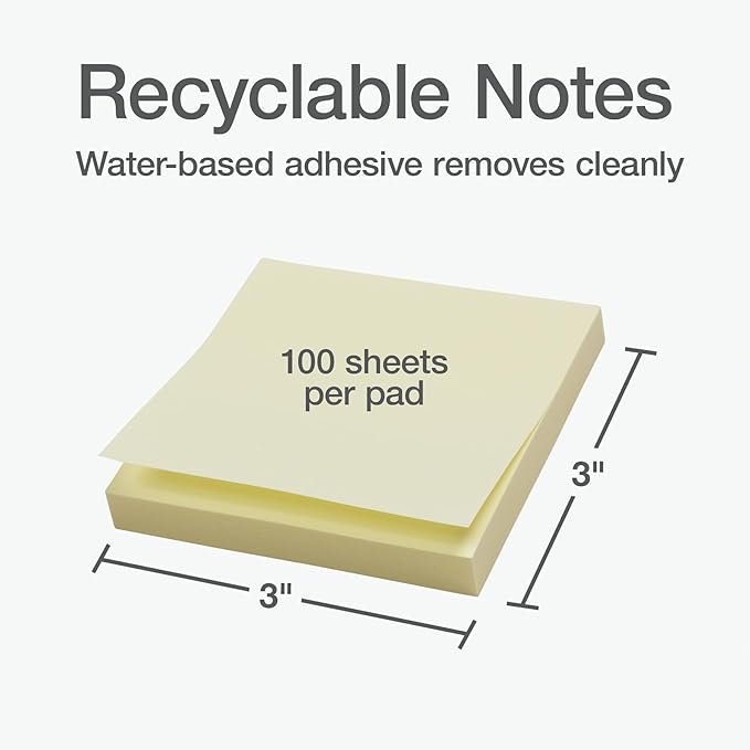 Redi-Tag Sticky Notes, Power Stick Notes, 3" x 3" Recycleable Adhesive Notes, Strong Adhesive Memos, Yellow, 24 Pack, 100 Sheets per Pad (1014128)