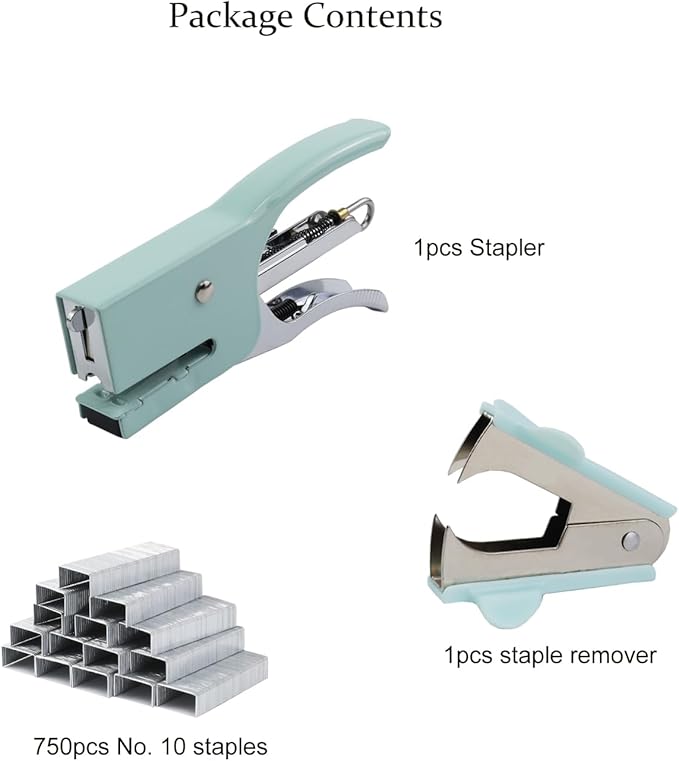 Small Hand-held Stapler Set, 15 Sheet Capacity, includes 750Pcs Staples and A Staple Remover, Mini Desktop Stapler for Office, School, Home or Travel Use. (Mint Green)