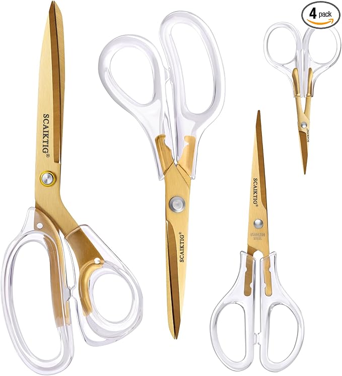Acrylic Scissors Set, Office Scissors for Desk Gold, Clear Comfort-Grip Handles and Titanium Coated Blades, Sharp Scissors all Purpose Heavy Duty for Sewing, Art, Craft, School, Home Supplies