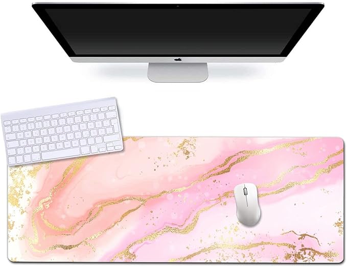 Extended Gaming Mouse Pad (31.5x11.8 in), Large Non-Slip Rubber Base Mousepad,Keyboard Mouse Mat Desk Pad for Work, Game, Office, Home -Rose Gold Watercolor Stripes Pink Marble（NO Glitter）