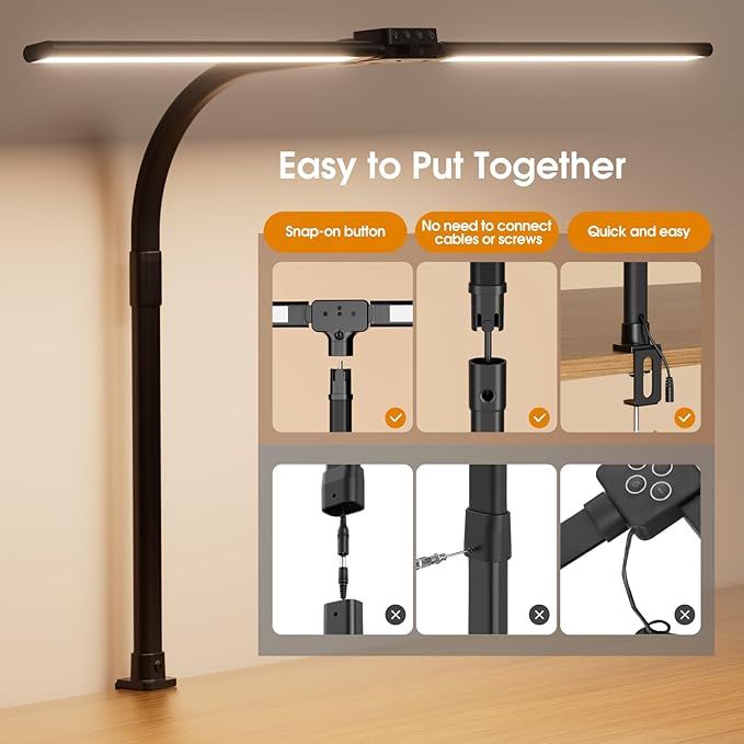 LED Desk Lamp for Home Office - Eye-Caring Computer Desk Light with Clamp, Rotatable Computer Lighting with Color Changing, Dimmable Monitor Table Lamp with Gooseneck, Double Head, Black