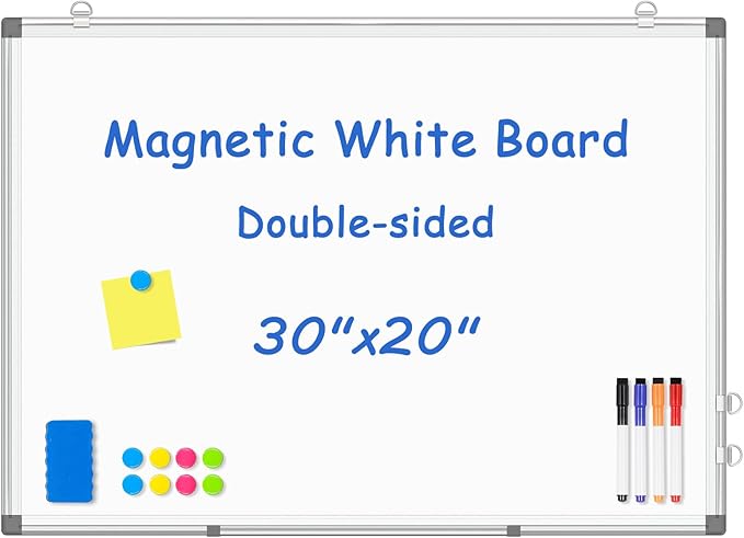 WALGLASS Double-Sided White Board 20" x 30", Dry Erase Board, Magnetic Whiteboard Silver Aluminium Frame, Wall-Mounted or Hanging Board for Home, School, Office, Kitchen