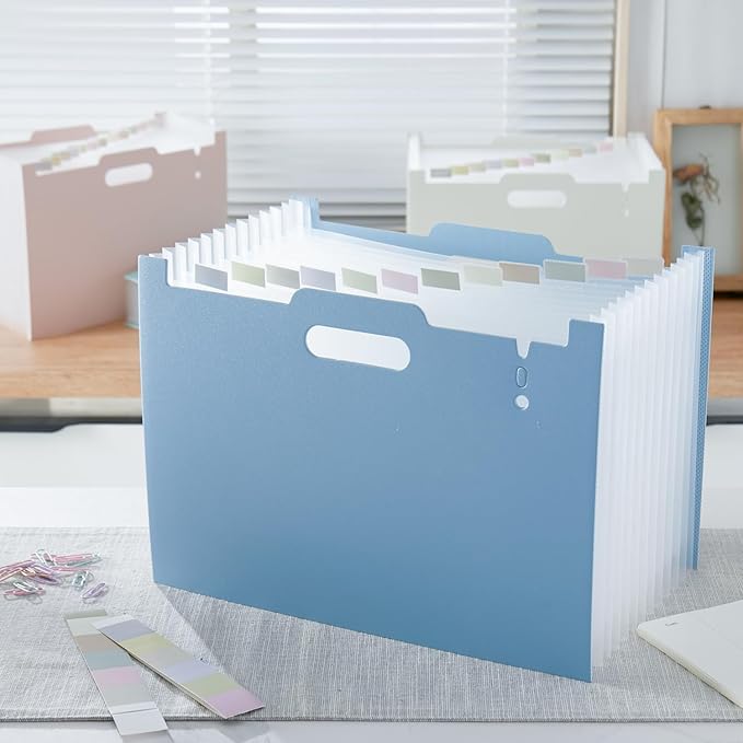 Y YOMA 2 Pack Accordion File Organizer with Handle 12 Pockets Expanding File Folder with Removable Tabs for A4 Letter Size Paper Plastic Filing Organizer Document Bill Receipt Holder, Blue