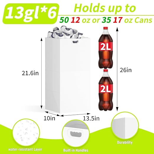 13 Gallon Disposable Trash Cans for Parties, 6 Pack Extra Large Portable Trash Can White Pop Up Trash Cans Bin, Recycle Collapsible Garbage Can Bins for Party Kitchen Camping Trash Can