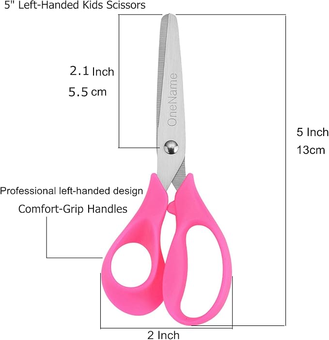 OneName Left-Handed Kids Scissors,5 Inch Left handed Scissors for Kids,Stainless Steel Blade Comfort-Grip Handles Safety Children Lefty Kid Scissor,Great for School,Classroom,Arts,Home 6 Pack