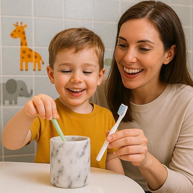 Creative Home Solid Natural Marble Pen Holder – Heavyweight Pencil Cup Organizer for Desk, Vanity, or Bathroom, 3.3" Diameter x 4.5" Height, Off-White with Unique Stone Patterns