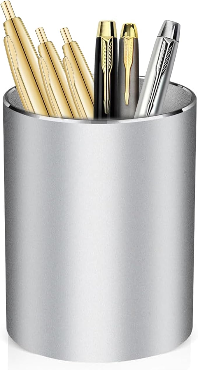 Pen Holder for Desk,Metal Aluminum Pencil Holder， for Pen Organizer for Desk, School, Home and Stationary Supplies, Advanced sense Pen Holder Non-Slip Silicone Bottom Round Silver Pencil Cup (Silver)