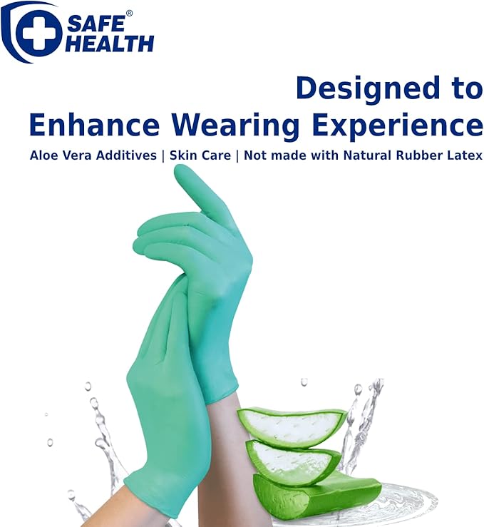 Safe Health Aloegenii HD Green Vinyl Disposable Gloves, Aloe Vera Coated, 5.5 mil, Case of 1000, Medium, Latex Free, Powder Free, Cleaning, Food Service, Office, Janitorial