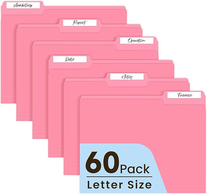 Colored File Folders Letter Size, 60 Pack Pink Folders 1/3 Cut Tabs, Assorted Pastel Color Office School Buiness Folders for Filing Organization, Paper File Folder Bulk Set