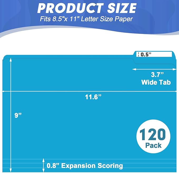 File Folder, HERKKA 120 Pack 1/3 Cut Tab File Folders, File Folders Great for Organizing and Filing, Letter Size, Light Blue